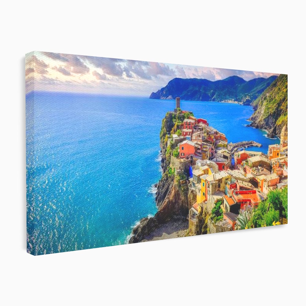 Tablou canvas cu peisaj costier italian cu sat colorat pe stanca, fara rama, pe sasiu de lemn